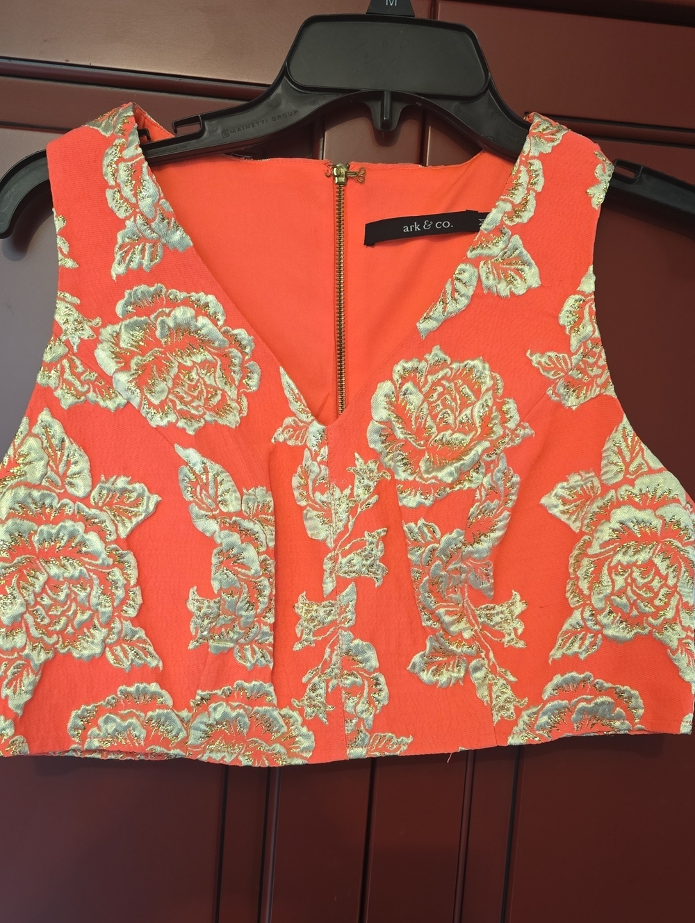 Ark & Co Coral Crop Top with Gold Floral Embroidery